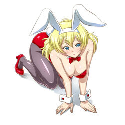  all_fours animal_ears bad_id bad_pixiv_id blonde_hair blue_eyes bow bowtie breasts cleavage commentary_request detached_collar female large_breasts long_hair maeda_r44 miniskirt_pirates pantyhose playboy_bunny rabbit_ears rabbit_tail sasha_staple solo tail wrist_cuffs 