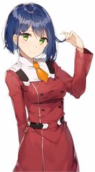  arm_up blue_hair blush breasts closed_mouth commentary cosplay darling_in_the_franxx dress female fingernails green_eyes ichigo_(darling_in_the_franxx) long_sleeves looking_at_viewer medium_breasts military military_uniform necktie orange_necktie red_dress revision rikoma short_hair short_necktie simple_background smile solo uniform white_background zero_two_(darling_in_the_franxx) zero_two_(darling_in_the_franxx)_(cosplay) 