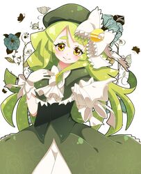  absurdres ascot bow bowtie commentary_request crescent dress female flower gen&#039;ei_wo_kakeru_taiyou gloves green_hair green_hat hairbow hand_on_own_chest hat highres long_hair looking_at_viewer md5_mismatch outstretched_arm reaching reaching_towards_viewer smile solo tsukuyomi_luna white_ascot white_bow white_bowtie white_gloves yellow_eyes yupiteru 