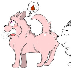  1:1 ambiguous_gender ass blpanda blush canid canine canis digital_media_(artwork) domestic_dog duo feces female feral fur hi_res mammal pink_body pink_eyes pink_fur sigh simple_background smell thought_bubble white_background young young_feral 