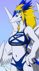  anthro bikini blonde_hair blue_body blue_claws blue_eyes blue_scales blue_wings breasts claws cleavage clothed clothing collarbone digital_media_(artwork) dragon european_mythology eyewear feathered_dragon feathered_scalie feathered_wings feathers female goggles gradient_background hair hand_on_hip head_wings hi_res kemono legendz long_hair looking_away looking_down mouth_closed multi_wing multicolored_body multicolored_scales mythological_creature mythological_scalie mythology navel non-mammal_breasts portrait rule_63 scales scalie shiron simple_background solo standing swimwear tail tarian three-quarter_portrait western_dragon white_body white_scales white_wings wings 