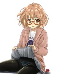  black_pantyhose blush brown_eyes brown_hair cardigan clothes_lift commentary_request crotch_seam female glasses highres kuriyama_mirai kyoukai_no_kanata looking_at_viewer md5_mismatch panties panties_under_pantyhose pantyhose patty_(artist) red-framed_eyewear short_hair simple_background sitting skirt skirt_lift solo striped_clothes striped_panties sweat thighband_pantyhose underwear uniform 