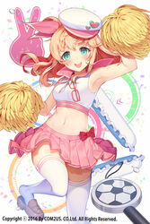  :d alternate_costume aqua_eyes armpits bad_id bad_pixiv_id bare_shoulders blush breasts brown_footwear carchet cheerleader commentary_request copyright_notice crop_top female glasses green_eyes hair_between_eyes hair_ribbon hat highres holding light_brown_hair loafers looking_at_viewer luri midriff navel official_art one_side_up open_mouth pink_ribbon pink_skirt pleated_skirt pom_pom_(cheerleading) ribbon shirt shoes skirt sleeveless sleeveless_shirt small_breasts smile soccer_spirits solo standing standing_on_one_leg teeth thighhighs upper_teeth_only white_hat white_thighhighs 