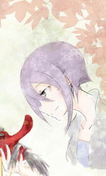  autumn_leaves benten-sama_(uchouten_kazoku) blue_shirt collarbone commentary_request dress_suit earrings female gradient_background highres holding jacket jewelry kc_(babyface11922) leaf mask profile purple_hair shirt short_hair smile solo tengu_mask uchouten_kazoku white_jacket 