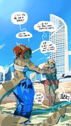  anthro bandage beach boon_digges clothed clothing dialogue duo english_text female fish hi_res hyena kenno_arkkan mammal marine open_mouth outside seaside shark smile spotted_hyena standing sylla_lowe text 