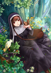  animal animal_on_hand bag bird black_dress brown_hair cherry commentary cross cross_necklace dress female flower food fruit habit highres jewelry long_dress looking_at_viewer maerchen_(sound_horizon) monogo necklace nun nun_(marchen) red_eyes short_hair shoulder_bag sitting solo sound_horizon squirrel traditional_nun tree white_flower yellow_flower 