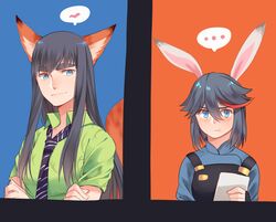  ... 2girls :t alternate_costume animal_ears black_hair blue_eyes blue_shirt chinese_commentary closed_mouth collared_shirt commentary_request cosplay fox_ears fox_tail green_shirt hair_between_eyes hawaiian_shirt holding holding_paper judy_hopps judy_hopps_(cosplay) kemonomimi_mode kill_la_kill kiryuuin_satsuki long_hair looking_at_viewer matoi_ryuuko multicolored_hair multiple_girls necktie nick_wilde nick_wilde_(cosplay) paper police police_uniform policewoman pout print_shirt rabbit_ears red_hair shirt short_hair siblings sisters smile speech_bubble spoken_ellipsis streaked_hair striped striped_necktie tail thick_eyebrows uniform upper_body yorukun zootopia 