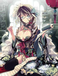  animal bell bow braid breasts cleavage commentary_request feline female flower green_eyes hair_flower hair_ornament japanese_clothes large_breasts long_hair original sengoku_taisen single_braid solo sunglasses suzuki_kokono thighhighs 