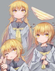  absurdres black_sailor_collar blonde_hair blush closed_mouth female flying_sweatdrops grey_background hair_between_eyes highres kantai_collection logiclr long_hair long_sleeves low_twintails multiple_views neckerchief one_eye_closed open_mouth panties sailor_collar satsuki_(kancolle) satsuki_kai_ni_(kancolle) school_uniform serafuku simple_background smile striped_clothes striped_panties twintails underwear unworn_panties yellow_eyes yellow_neckerchief 