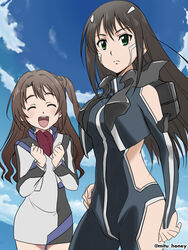  2girls ^_^ black_hair blush breasts brown_hair clenched_hands closed_eyes clothing_cutout crossover floating_hair green_eyes highres hikari_(mitsu_honey) hip_vent idolmaster idolmaster_cinderella_girls jacket long_hair medium_breasts multiple_girls pilot_suit science_fiction shibuya_rin shimamura_uzuki shoulder_cutout side_ponytail smile soukyuu_no_fafner synergetic_suit white_jacket 