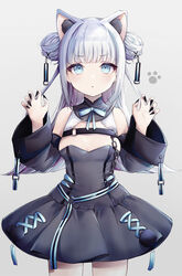  absurdres animal_ear_fluff animal_ears bad_id bad_pixiv_id black_nails breasts cat_ears chains claw_pose commentary_request detached_sleeves double_bun dress female fingernails fusuma_(ramunezake) grey_background grey_dress grey_hair grey_sleeves hair_bun hair_ornament hands_up highres long_fingernails long_hair long_sleeves looking_at_viewer original pleated_dress sharp_fingernails simple_background sleeveless sleeveless_dress small_breasts solo very_long_hair wide_sleeves x_hair_ornament 