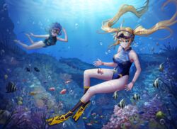  2girls air_bubble barefoot blonde_hair blue_hair blue_one-piece_swimsuit braid breasts bubble coral coral_reef diving_mask fish flippers freediving full_body goggles goggles_on_head green_eyes highres holding_breath large_breasts last_origin light_rays long_hair multiple_girls nereid_(last_origin) one-piece_swimsuit poper_(arin_sel) smile submerged swimming swimsuit triaina twin_braids twintails underwater very_long_hair 