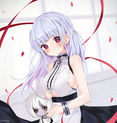  anchor_choker anchor_necklace apron azur_lane bad_id bad_pixiv_id breasts button_eyes buttons center_frills choker clothing_cutout dido_(azur_lane) doll dopoing earrings female frilled_apron frilled_choker frills hairband heart heart_earrings highres holding holding_doll jewelry lace-trimmed_hairband lace_trim maid maid_apron necklace red_eyes shirt sleeveless sleeveless_shirt solo underboob underboob_cutout waist_apron white_apron white_hair 