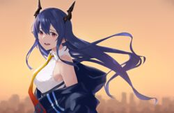  arknights black_horns black_jacket blue_hair blurry blurry_background breasts ch&#039;en_(arknights) cityscape collared_shirt commentary day dragon_horns female gradient_necktie hair_between_eyes highres horns jacket large_breasts long_hair looking_at_viewer looking_to_the_side necktie off_shoulder open_mouth orange_necktie orange_sky outdoors red_eyes shirt sky sleeveless sleeveless_shirt solo teeth tsukira_(amayadori) upper_body upper_teeth_only white_shirt wind yellow_necktie yellow_sky 