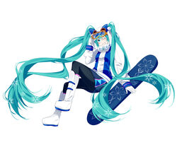  adjusting_goggles aqua_eyes aqua_hair blue_skirt boots commentary female full_body gloves goggles grin hat hatsune_miku highres jacket light_blush long_hair looking_at_viewer mizuamemochimochi one_eye_closed owl_ears pantyhose ski_gear ski_goggles skirt smile snowboard snowflake_print solo twintails very_long_hair vocaloid white_background white_footwear white_gloves white_jacket yuki_miku yuki_miku_(2016) 