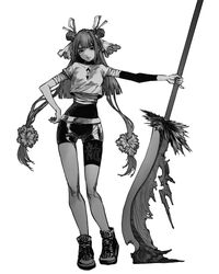  asymmetrical_clothes bandaged_arm bandages blunt_ends bodysuit bodysuit_under_clothes breasts clothes_writing commentary cropped_shirt double_bun english_commentary female full_body greyscale hair_bun hair_ornament hair_ribbon hair_scrunchie hand_on_own_hip highres holding holding_polearm holding_weapon long_hair looking_at_viewer making-of_available midriff_sarashi monochrome original outstretched_arm pinky_out polearm ribbon sarashi scrunchie shiny_clothes shirt_overhang shoes short_shorts shorts simple_background smile sneakers solo standing thigh_shorts two_side_up very_long_hair weapon weapon_request zero808w 