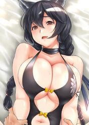  1boy animal_ears bare_shoulders black_hair black_one-piece_swimsuit blush braid breasts casual_one-piece_swimsuit cleavage collarbone erune female granblue_fantasy highres kemigawa_mondo large_breasts long_hair looking_at_viewer navel nier_(granblue_fantasy) nier_(lover_by_the_lily_lake)_(granblue_fantasy) official_alternate_costume one-piece_swimsuit red_eyes solo_focus swimsuit twin_braids 