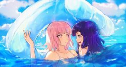  2girls bad_id bad_pixiv_id bare_shoulders bikini collarbone commentary_request danganronpa_(series) danganronpa_2:_goodbye_despair day eye_contact from_side hajime_(gitoriokawaii) holding innertube long_arms long_hair looking_at_another medium_hair mole mole_under_eye multiple_girls nanami_chiaki no_hair_ornament official_alternate_costume open_mouth outdoors partially_submerged pink_hair purple_hair swim_ring swimsuit teeth tsumiki_mikan upper_body water wet white_bikini 