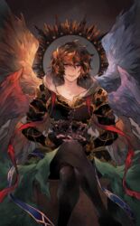  1boy angel_wings armor asymmetrical_wings brown_eyes brown_hair commentary crossed_legs crown english_commentary feathered_wings granblue_fantasy grey_background hair_between_eyes halo holding holding_crown hood hood_down joolz looking_at_viewer male_focus mismatched_wings multiple_wings parted_lips sandalphon_(granblue_fantasy) seraph shawl sitting smile solo spread_wings unworn_crown wings 