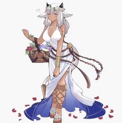  alternate_costume animal_ears armlet ash_(fire_emblem) bare_shoulders basket black_horns blunt_bangs bracelet breasts brown_eyes cleavage closed_mouth commentary cosplay cow_ears cow_horns cow_tail dark-skinned_female dark_skin dress ear_piercing english_commentary female fire_emblem fire_emblem_heroes flower full_body gladiator_sandals head_wreath heart highres holding holding_basket horns jewelry juneplums large_breasts long_hair looking_at_viewer lucina_(fire_emblem) lucina_(fire_emblem)_(cosplay) lucina_(valentine)_(fire_emblem) petals piercing sandals simple_background sleeveless sleeveless_dress smile solo tail valentine white_background white_dress white_hair 