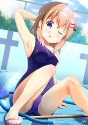  ;d arm_behind_head armpits blush empty_pool female gochuumon_wa_usagi_desu_ka? hair_ornament hairpin highres hoto_cocoa inakami looking_at_viewer one_eye_closed orange_hair pool purple_eyes smile spread_legs swimsuit tongue tongue_out wet x_hair_ornament 