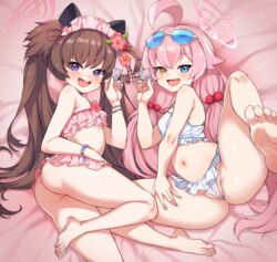  2girls absurdres ahoge animal_ears ass bare_legs bare_shoulders barefoot bikini blue_archive blush cameltoe cleanerjay eyewear_on_head feet foot_out_of_frame frilled_bikini frills hair_bobbles hair_ornament halo heterochromia highres hoshino_(blue_archive) hoshino_(swimsuit)_(blue_archive) kanzashi legs long_hair looking_at_viewer low_twintails lying multiple_girls navel official_alternate_costume on_back open_mouth pink_hair pink_halo shizuko_(blue_archive) shizuko_(swimsuit)_(blue_archive) smile soles sunglasses swimsuit take_your_pick toes twintails very_long_hair white_bikini 