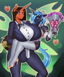  5:6 absurd_res anthro arthropod big_breasts black_body blue_hair bouquet breasts brown_hair bulge changeling clothed clothing duo equid equine fan_character femboy flower flower_bouquet footwear friendship_is_magic gynomorph gynomorph/male hair hasbro heart_symbol hi_res high_heels horn huge_breasts intersex intersex/male larger_gynomorph larger_intersex long_hair looking_at_another male mammal my_little_pony mythological_creature mythological_equine mythology nauth outline plant red_body romantic romantic_couple simple_background size_difference smaller_male smiling_at_each_other unicorn wings 