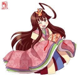  ahoge alternate_costume artist_logo blush brown_eyes brown_hair commentary_request dated female folding_fan hand_fan highres hinamatsuri hirabitai holding holding_fan huge_ahoge japanese_clothes kanon_(kurogane_knights) kantai_collection karaginu_mo kimono kuma_(kancolle) layered_clothes layered_kimono long_hair one_eye_closed open_mouth simple_background smile solo white_background 