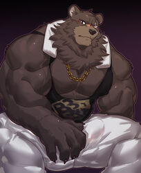  anthro bear ben_bigger big_muscles claws collar eye_scar facial_scar fur hi_res istani looking_at_viewer male mammal mihoyo muscular muscular_anthro muscular_male nipple_outline pecs scar solo vein veiny_muscles zenless_zone_zero 