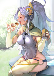  anpan blue_hair bread_bun breasts bridal_gauntlets coffee_milk commentary_request dress eating elbow_gloves female flower food food_wrapper gloves hair_flower hair_ornament high_ponytail hinoru_saikusa holding holding_food long_hair medium_breasts milk_carton ninlil_(tonsuki) open_mouth outdoors pelvic_curtain pillar side_cape sidelocks single_bare_shoulder sitting sleeveless sleeveless_dress smile solo sunflower sunflower_hair_ornament tabard thighhighs tondemo_skill_de_isekai_hourou_meshi white_dress 