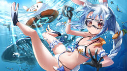  :t animal_ear_fluff animal_ears bare_legs bare_shoulders bikini black_gloves blue_hair blush boomerang_(subnautica) braid breasts carrot_hair_ornament choker closed_mouth commentary_request female fish flippers food-themed_hair_ornament freediving front-tie_bikini_top front-tie_top gloves goggles hair_ornament halterneck highleg highleg_bikini highres holding hololive kito_koruta legs lifepod_(subnautica) long_hair looking_at_viewer medium_breasts multicolored_hair navel orange_choker peeper_(subnautica) pekomon_(usada_pekora) rabbit-shaped_pupils rabbit_ears rabbit_girl rabbit_tail red_eyes reefback_leviathan short_eyebrows signature smile solo stalker_(subnautica) stomach subnautica swimsuit symbol-shaped_pupils tail thick_eyebrows thigh_strap twin_braids twintails two-tone_hair underwater usada_pekora virtual_youtuber white_bikini white_hair 