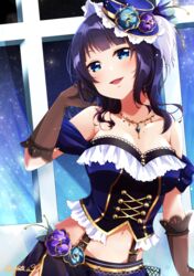  absurdres asaka_karin bare_shoulders black_gloves blue_eyes blue_hair blunt_bangs breasts cleavage collarbone crop_top elbow_gloves female flower frills gloves hand_in_own_hair hat hat_flower highres idol jewelry large_breasts looking_at_viewer love_live! love_live!_nijigasaki_high_school_idol_club medium_hair midriff mini_hat mole mole_on_collarbone multiple_moles navel necklace nota_ika open_mouth skirt smile solo starlight_(love_live!) strapless suspender_skirt suspenders 