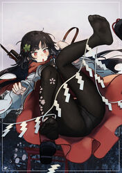  absurdres bayonet black_hair black_panties black_pantyhose feet feet_up female floral_print flower full_body girls&#039;_frontline gun hair_flower hair_ornament hakama hakama_skirt highres japanese_clothes kilabo long_hair long_sleeves no_shoes okobo open_mouth panties pantyhose red_eyes red_hakama red_scarf sandals scarf shoes skirt solo submachine_gun type_100_(girls&#039;_frontline) type_100_(gunslinger_miko)_(girls&#039;_frontline) type_100_smg underwear unworn_shoes weapon wide_sleeves 