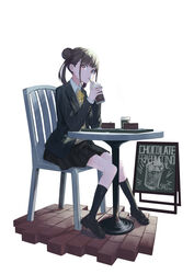  absurdres awoilo black_jacket black_socks brown_eyes brown_hair cake chair chalkboard_sign chocolate_cake commentary_request cup disposable_cup double_bun drinking female food full_body hair_bun highres idolmaster idolmaster_shiny_colors jacket kneehighs loafers long_sleeves looking_at_viewer medium_hair miniskirt neck_ribbon plaid plaid_skirt pleated_skirt ribbon school_uniform shoes short_twintails sitting skirt socks solo sonoda_chiyoko sweater_vest table twintails white_background yellow_ribbon 