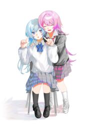  2girls absurdres blue_eyes blue_hair closed_eyes clothing_request commentary highres honkai_(series) honkai_impact_3rd hug hug_from_behind liliya_olenyeva long_hair multiple_girls pale_skin pink_hair pointing pointing_at_self rozaliya_olenyeva school_uniform siblings sisters skirt smile tsuzuki908 twins 