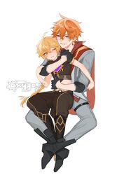  2boys aether_(genshin_impact) bangs black_gloves blonde_hair blue_eyes blush braid breasts closed_eyes earrings eyebrows_visible_through_hair genshin_impact gloves hair_between_eyes hair_ornament highres jacket jewelry long_hair long_sleeves male_focus multiple_boys orange_hair oxygen short_hair single_braid single_earring tartaglia_(genshin_impact) twitter_username white_background yaoi yellow_eyes 