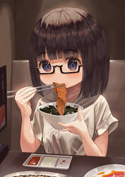  black-framed_eyewear black_hair blue_eyes blush bob_cut bowl breasts chopsticks commentary_request couch eating female food food_on_face glasses grill highres holding holding_bowl holding_chopsticks indoors looking_at_viewer meat mimikaki_(men_bow) nori_(seaweed) on_couch original rice semi-rimless_eyewear shirt short_hair short_sleeves sitting small_breasts solo table under-rim_eyewear upper_body white_shirt yakiniku 