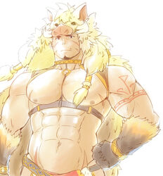  1boy abs animal_hood arm_tattoo bara bare_pectorals boar_boy boar_hood body_fur brown_hair chest_harness clothing_cutout collar facial_hair forked_eyebrows goatee gullinbursti_(housamo) hand_on_own_hip harness hood katoributa_a large_pectorals limited_palette long_sideburns looking_at_viewer male_focus muscular muscular_male navel nipples oerba_yun_fang pectorals revealing_clothes scar scar_on_chest short_hair sideburns solo stubble tattoo thigh_cutout tokyo_afterschool_summoners 