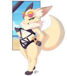  2023 anthro black_clothing canid canine clothed clothing cygames eyebrows eyewear female fox fur gloves_(marking) inner_ear_fluff leg_markings mammal markings open_mouth shirano short_stack signature socks_(marking) swimwear tuft vinael world_flipper 