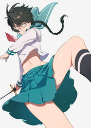  black_hair bleach blue_skirt braid braided_ponytail female glasses highres holding holding_sword holding_weapon ibaraki_shun long_hair midriff miniskirt navel outline pleated_skirt school_uniform serafuku skirt sword underwear weapon white_background yadoumaru_lisa zanpakutou 