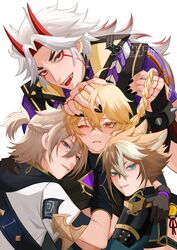  4boys aether_(genshin_impact) ahoge albedo_(genshin_impact) animal_ears arataki_itto armor bangs black_gloves blonde_hair blue_eyes blush bracelet braid breasts brown_eyes brown_hair closed_eyes crop_top dog_boy dog_ears dog_tail earrings eyebrows_visible_through_hair fox_ears genshin_impact gloves gorou_(genshin_impact) grabbing hair_between_eyes hair_ornament highres holding horns japanese_clothes jewelry long_hair long_sleeves low_twintails male_focus multicolored_hair multiple_boys oni oni_horns open_mouth orange_hair oxygen pale_skin pants pointy_ears red_eyes shirt sidelocks single_braid sleeveless smile spiked_bracelet spikes streaked_hair tail tattoo teeth toned toned_male tongue tongue_out twintails twitter_username vision_(genshin_impact) white_background white_hair yellow_eyes 