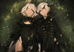  1boy 2b_(nier:automata) 9s_(nier:automata) absurdres black_blindfold black_dress black_gloves black_thighhighs blindfold blindfold_slip blue_eyes breasts choker cleavage_cutout closed_eyes clothing_cutout commentary dress female gloves grass hair_between_eyes highres leotard long_sleeves lying mole mole_under_mouth nahonanaho nier:automata nier_(series) on_back outdoors puffy_sleeves short_hair thighhighs white_hair 