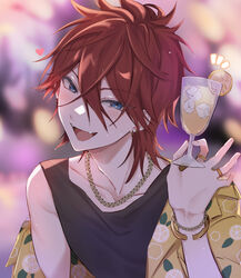  1boy absurdres amagi_rinne black_tank_top blue_eyes chain_necklace chains cocktail_glass commentary_request cup drinking_glass ensemble_stars! head_tilt highres holding holding_cup jacket jewelry looking_at_viewer male_focus necklace open_mouth red_hair shirt_partially_removed short_hair smile solo sushi_171 tank_top teeth yellow_jacket 