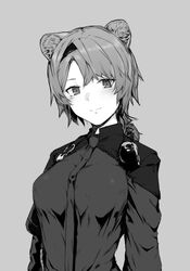  absinthe_(arknights) animal_ears arknights bear_ears breasts female grey_background greyscale jacket large_breasts long_sleeves monochrome necktie short_hair simple_background smile solo tsukira_(amayadori) upper_body 