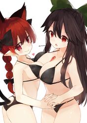  2girls absurdres animal_ears ass asymmetrical_docking bad_id bad_twitter_id bare_arms bare_shoulders between_breasts bikini black_bikini black_bow bow braid breast_press breasts brown_hair cat_ears cat_tail cleavage closed_mouth clothing_cutout green_bow hair_between_eyes hairbow heart highres holding_hands interlocked_fingers kaenbyou_rin large_breasts looking_at_viewer medium_breasts multiple_girls niseneko_(mofumofu_ga_ienai) pointy_ears red_eyes red_hair reiuji_utsuho simple_background smile standing swimsuit tail tail_through_clothes touhou twitter_username white_background 