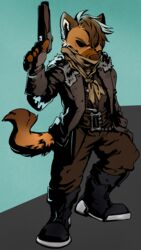  9:16 anthro belt boots bottomwear brown_body brown_fur brown_hair clothed clothing coat darkest_dungeon duster_(disambiguation) footwear fur gulonine gun hair handgun hi_res highwayman highwayman_(darkest_dungeon) knife male mammal marten mask mustelid musteline orange_body orange_eyes orange_fur pants pine_marten pistol ranged_weapon shirt solo starwolfskin tan_body tan_fur topwear tsinil_keyah weapon zgf_art zgf_gaming 