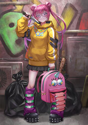  backpack bad_id bad_pixiv_id bag baseball_bat black_footwear black_skirt blush boots breasts closed_mouth commentary_request double_bun ebinomi female full_body graffiti grey-framed_eyewear hair_bun hair_ornament hand_up highres holding holding_bag holding_knife hood hood_down hoodie jewelry knee_boots kneehighs knife leg_warmers long_hair long_sleeves looking_at_viewer miniskirt nail nail_bat necklace original outdoors pink_bag pink_footwear pink_hair platform_footwear pleated_skirt print_bag round_eyewear shoes skirt smile socks solo standing star_(symbol) striped_clothes striped_socks studded_footwear trash_bag twintails unworn_backpack unworn_bag yellow_hoodie 