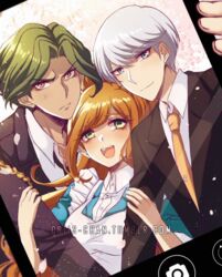  2boys arm_grab breasts brown_jacket cellphone_photo collared_shirt commentary criis-chan danganronpa_(series) danganronpa_3_(anime) dark-skinned_male dark_skin dress female green_eyes green_hair jacket long_hair looking_at_viewer medium_breasts multiple_boys munakata_kyousuke necktie open_mouth orange_hair orange_necktie sakakura_juuzou shirt short_hair smile teeth twitter_username upper_teeth_only yukizome_chisa 