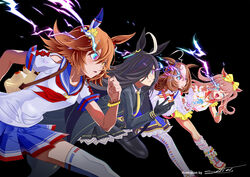  4girls agnes_digital_(umamusume) animal_ears black_background blue_eyes bow collarbone commentary_request double_v eye_trail gloves glowing glowing_eyes hairbow highres horse_ears horse_girl light_trail long_hair looking_at_viewer looking_to_the_side manhattan_cafe_(umamusume) matikanefukukitaru_(umamusume) meisho_doto_(umamusume) multiple_girls open_mouth pantyhose running shihaigasora_seitei short_hair tongue tongue_out umamusume v zone_(energy_drink) 