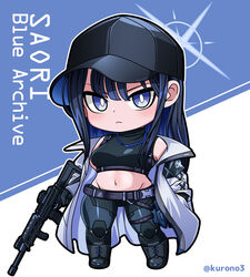  armband assault_rifle bare_shoulders baseball_cap belt black_footwear black_gloves black_hair black_hat black_pants black_shirt blue_archive blue_eyes blue_halo blunt_bangs boots breasts buckle character_name check_commentary chest_harness chibi coat commentary commentary_request copyright_name crop_top cross-laced_footwear female frown full_body gloves groin gun halo harness hat holding holding_gun holding_weapon holster knife_sheath kurono lace-up_boots long_hair looking_at_viewer medium_breasts midriff navel no_mask off_shoulder open_clothes open_coat pants rifle saori_(blue_archive) sheath shirt sidelocks sig_516 sig_sauer sleeveless sleeveless_shirt snap-fit_buckle solo standing stomach thigh_holster twitter_username underbust weapon white_background white_coat 